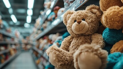 A teddy bear sits comfortably amidst colorful plush companions in a toy store aisle, evoking feelings of nostalgia and affection that toys can inspire in people of all ages.