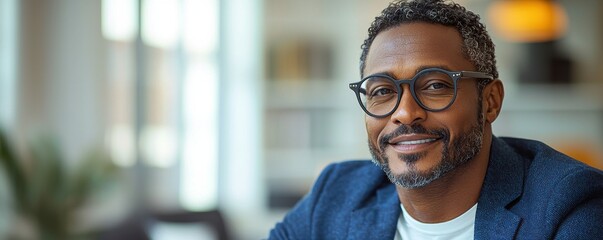 Naklejka premium Confident middle-aged man with glasses smiling in modern office