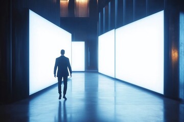 Fototapeta premium Walking businessman by blank white illuminated screens with place for your logo or text with glossy floor on dark empty room background, mock up