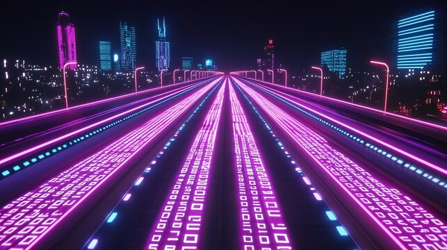 code stream of binary numbers cascading down a black backdrop with a futuristic neon glow. Binary Numbers 