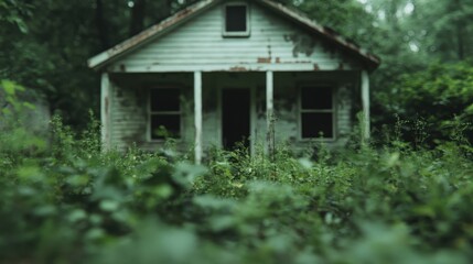 An overgrown and abandoned house in a secluded forest illustrates the power of nature reclaiming human structures, filled with a sense of mystery and intrigue.