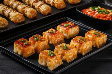 Fototapeta premium Asia's vegan foodie culture. Delicious dumplings served on a black platter.