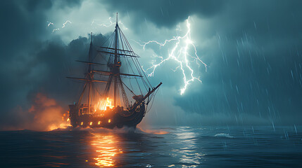 Obraz premium Stormy sea, burning ship, lightning, ocean, adventure game backdrop