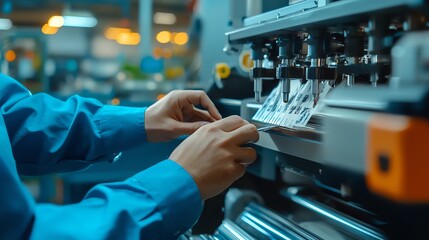 Hands operating a modern machine in an industrial setting. Focus on precision and technology in manufacturing processes.