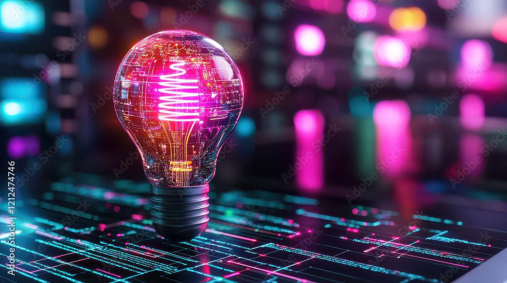 Poster glowing light bulb with digital circuitry design, symbolizing innovation and technology. vibrant col