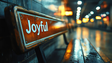 A close-up of a rustic wooden bench with "Joyful" on its back, in a blurry, warm-lit setting