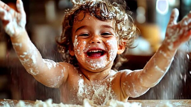 Adorable smiling toddler covered in cake frosting during a joyful birthday celebration.