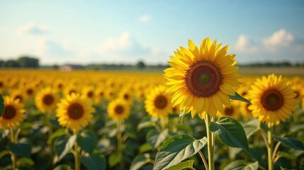Fototapeta premium Vibrant sunflower in a field during the day with a clear blue sky