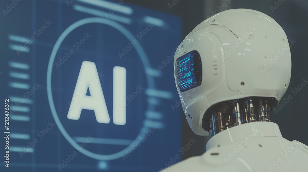 Poster ai robot analyzing data: a futuristic white robot stands before a large screen displaying the letter