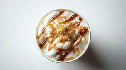 Top view of a milkshake with caramel drizzle and cream on a white background, product photography, food photography. A delicious-looking cup of coffee or latte,