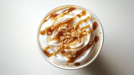 Top view of a milkshake with caramel drizzle and cream on a white background, product photography, food photography. A delicious-looking cup of coffee or latte,