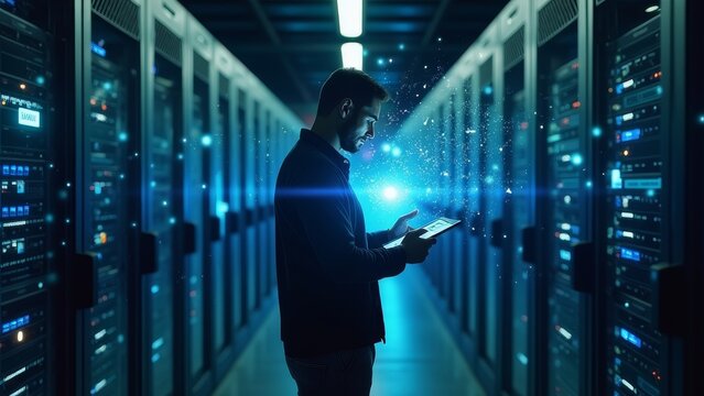 Man, tablet and server room, programming or coding for cybersecurity, information technology and data protection backup. Engineering person on digital software and hardware solution in basement - Powered by Adobe