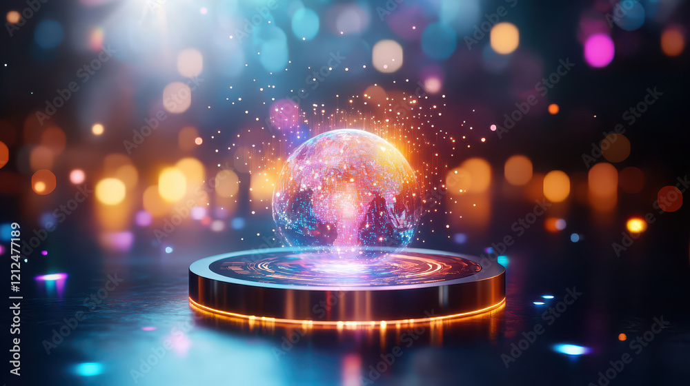 Aufkleber artistic representation of glowing planet with holographic effects, surrounded by colorful bokeh lights, creating magical atmosphere
