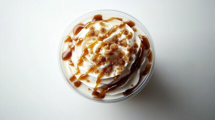 Top view of a milkshake with caramel drizzle and cream on a white background, product photography, food photography. A delicious-looking cup of coffee or latte,