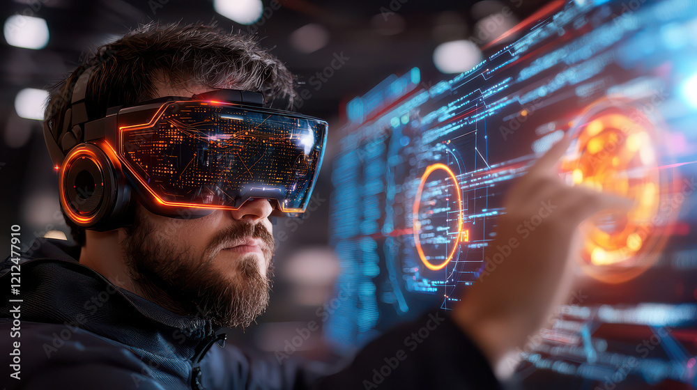 Aufkleber Immersive virtual reality experience with man using advanced technology. futuristic interface displays data and graphics, showcasing cognitive systems in action