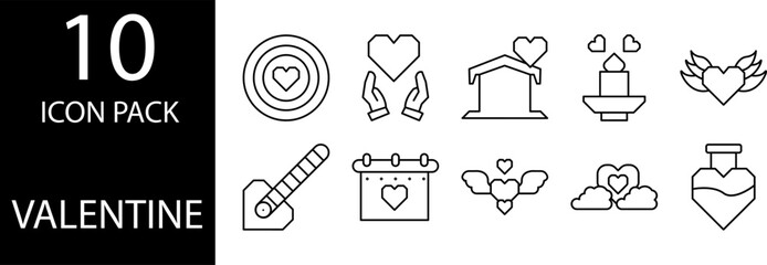 10 line icons with a Valentine theme depict sincere love present in the heart.
