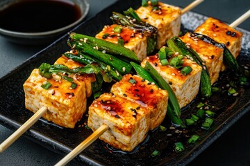 Asia's vegan foodie culture. Grilled tofu skewers with green onions on a black plate.