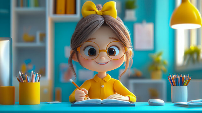 Naklejki Happy girl writing in a notebook, Funny facial expression, 3d style cartoon character