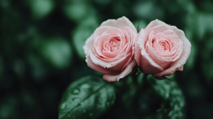 Naklejka premium Captured in this image, two pink roses adorned with dew drops stand gracefully amidst vibrant green leaves, representing love and freshness in nature's beauty.