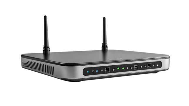  A black wireless router isolated on white background.