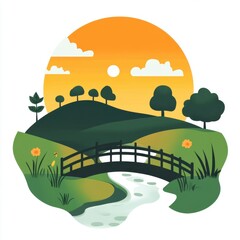 Obraz premium Sunrise over hills and stream green meadow flat design illustration tranquil environment nature concept