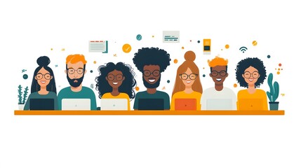 Collaborative online session showing a diverse group engaging under a community manager's leadership, 8K flat vector style,