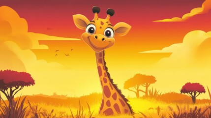 Smiling Giraffe at Sunset, a charming vector illustration with warm colors and cartoon style