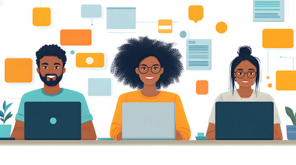 Enthusiastic community manager facilitating user interaction during an online meetup, 8K flat vector style,