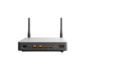 Fototapeta premium A black wireless router isolated on transparent background.