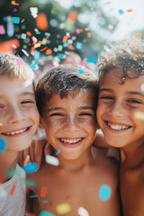 Enjoying the fun in the photo booth. A group of children with sparkling glitter on their faces laughing together in a festive scene at the party.