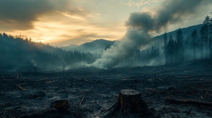 Fototapeta premium A deforested landscape with tree stumps and smoke, highlighting the impact of climate change. Ideal for environmental awareness campaigns and documentary projects.