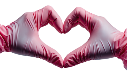 Hands wearing pink gloves forming a heart isolated on transparent background