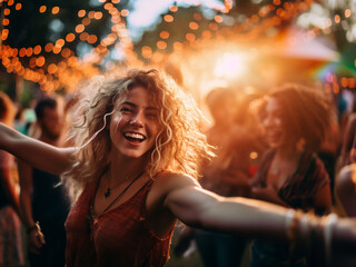 Young blonde woman with curly hair dancing happily at music festival