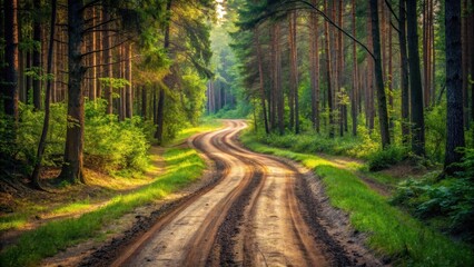 Obraz premium A dirt road winding through a dense forest with tire tracks leading off into the distance