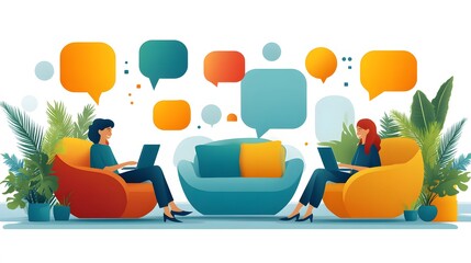 Creative forum design showing users engaging in meaningful discussions, 8K flat vector style,