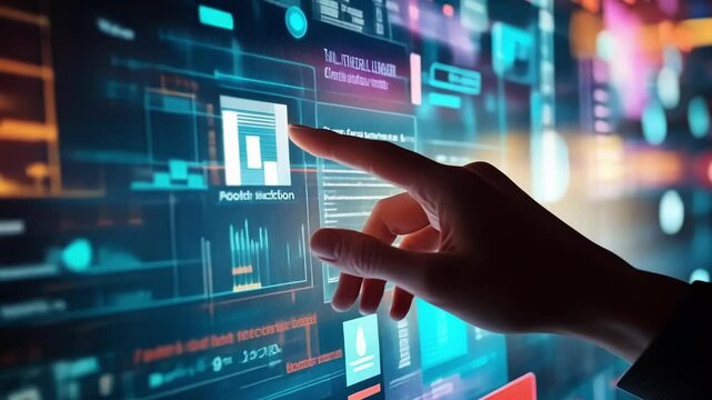 A hand gesturing towards a digital whiteboard filled with collaborative notes and ideas from a brainstorming session aimed at improving workplace technologies.