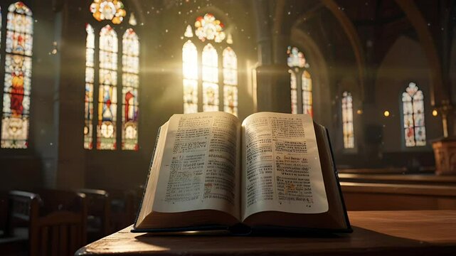 An open bible book in the church with sunlight. Seamless 4K looping timelapse video animation background