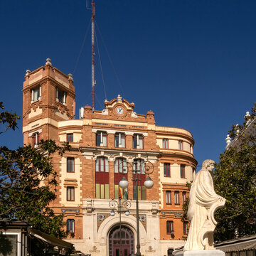 CADIZ, SPAIN - MARCH 13, 2016:  Post Office Building and Columella Monument at Plaza de las Flores Square