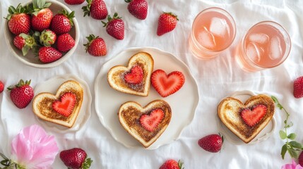 Heart-shaped bread with strawberries and drinks, romantic breakfast.