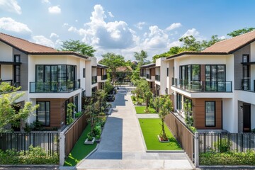 Fototapeta premium A modern residential area with stylish homes, clean streets, and green surroundings. Ideal for family living and peaceful lifestyles.