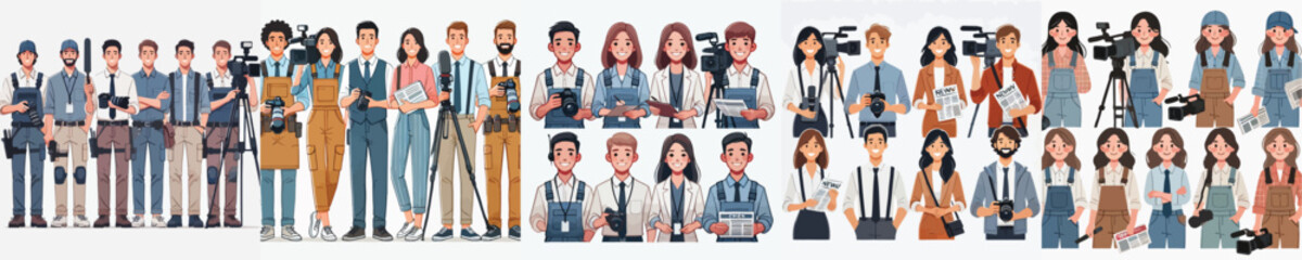 vector set of journalist characters with work equipment