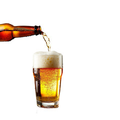 Beer Cheer beer pouring in glass isolated on transparent background