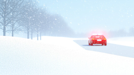 Snowstorm accident concept. police car drives on snowy road during winter storm, creating serene yet tense atmosphere