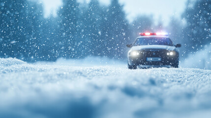 Snowstorm accident concept. police car on snowy road during winter storm, creating dramatic scene