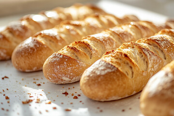 Freshly baked baguettes lined on a cooling rack in a warm, inviting bakery