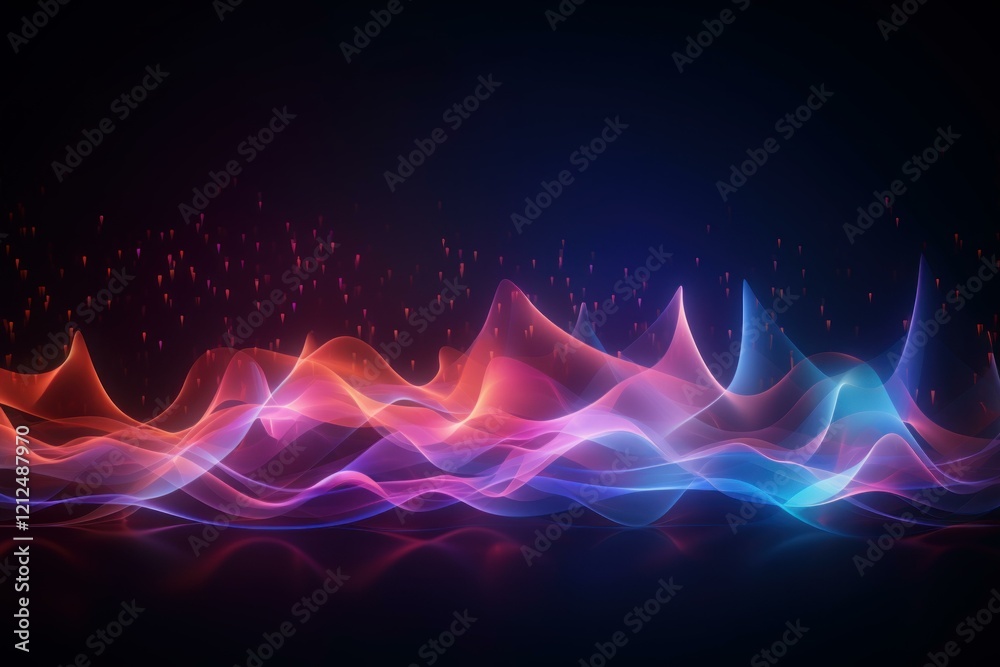 Poster colorful abstract waves flowing seamlessly with falling red particles, creating a dynamic and vibran