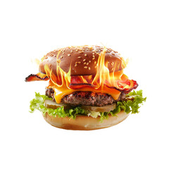 flaming burger isolated on transparent background