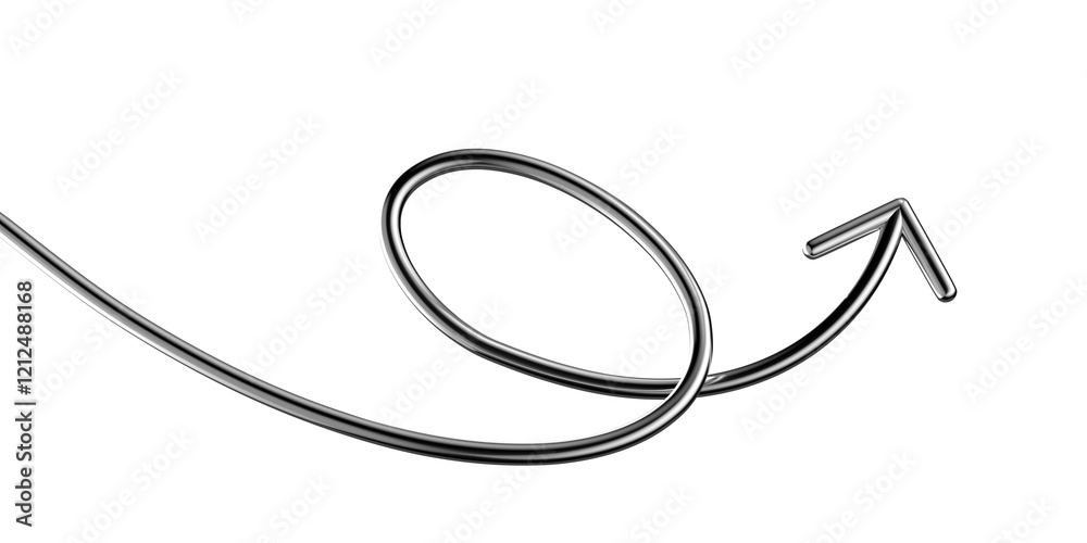 Poster metallic wriggling arrow 3d shape isolated. futuristic chrome squiggle line arrow banner, abstract t