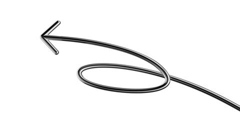 Metallic wriggling arrow 3D shape isolated. Futuristic chrome squiggle line arrow banner, abstract tangled curved pointer