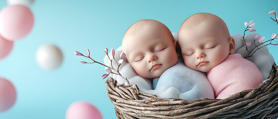 Twins cuddled inside a rustic wicker basket baby portrait soft nursery setting close-up view sweet innocence
